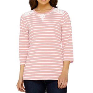 Denim & Co Perfect Jersey Striped Top Lace Detail